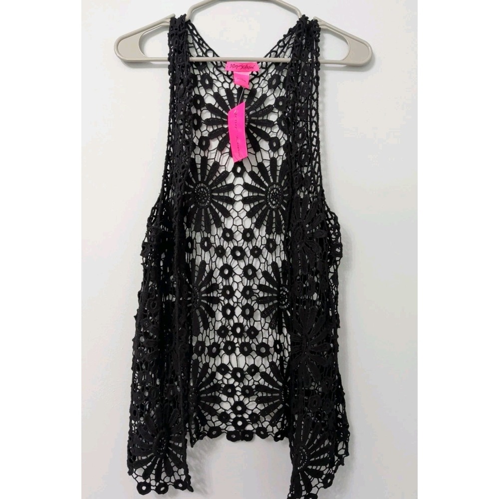 NWT Betsey Johnson Black Floral Crochet Cardigan Boho Hippie Festival Sz OSFM
